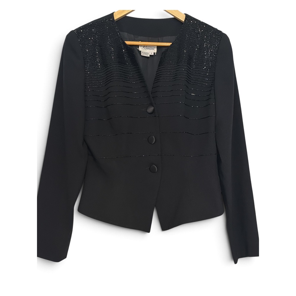 VTG Rimini Black Beaded Evening Jacket Womens 8 V-Neck Satin Button Blazer